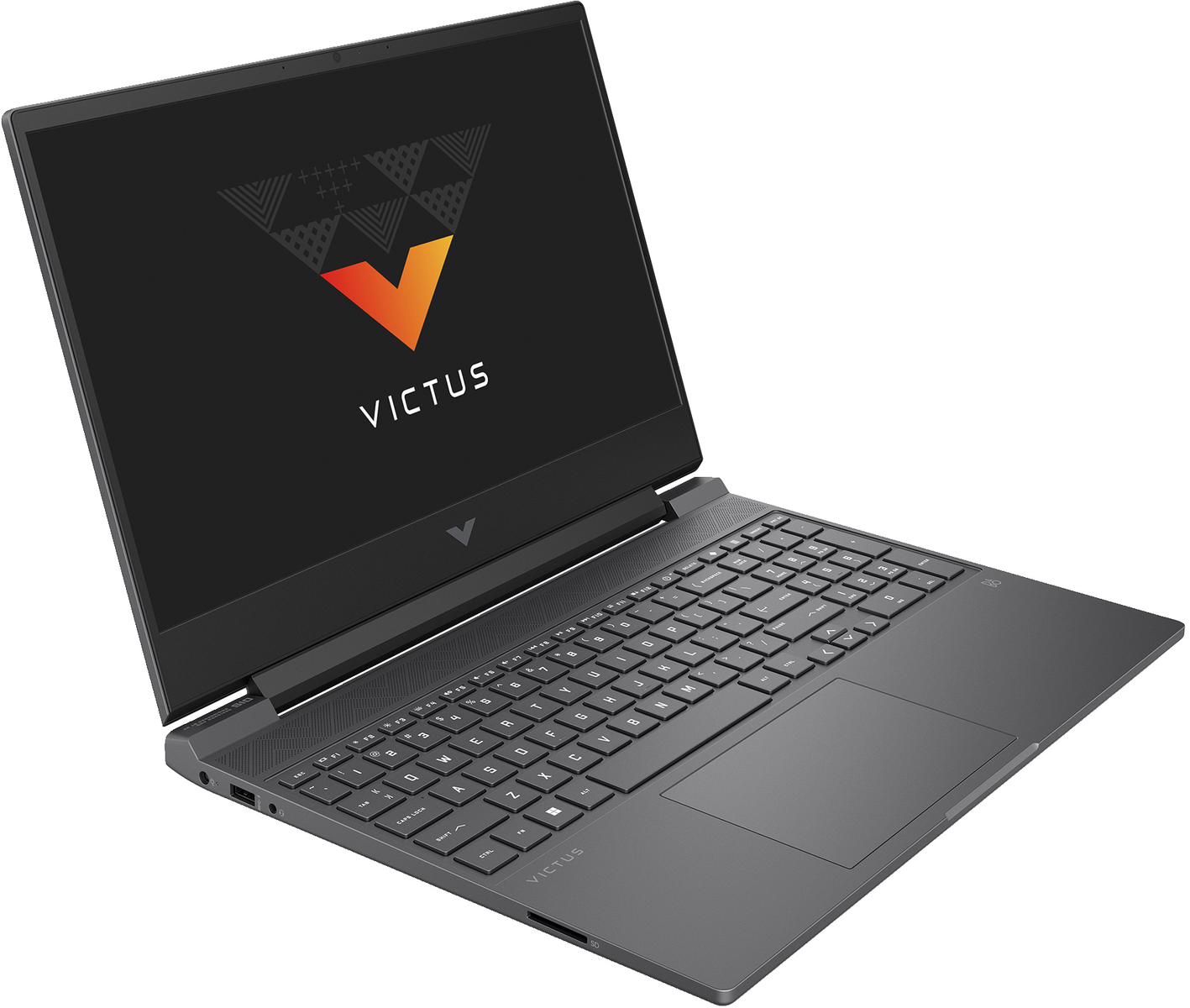 Dunkelgrauer Laptop, geöffnet mit einem Logo auf dem Bildschirm. Die Tastatur ist sichtbar.