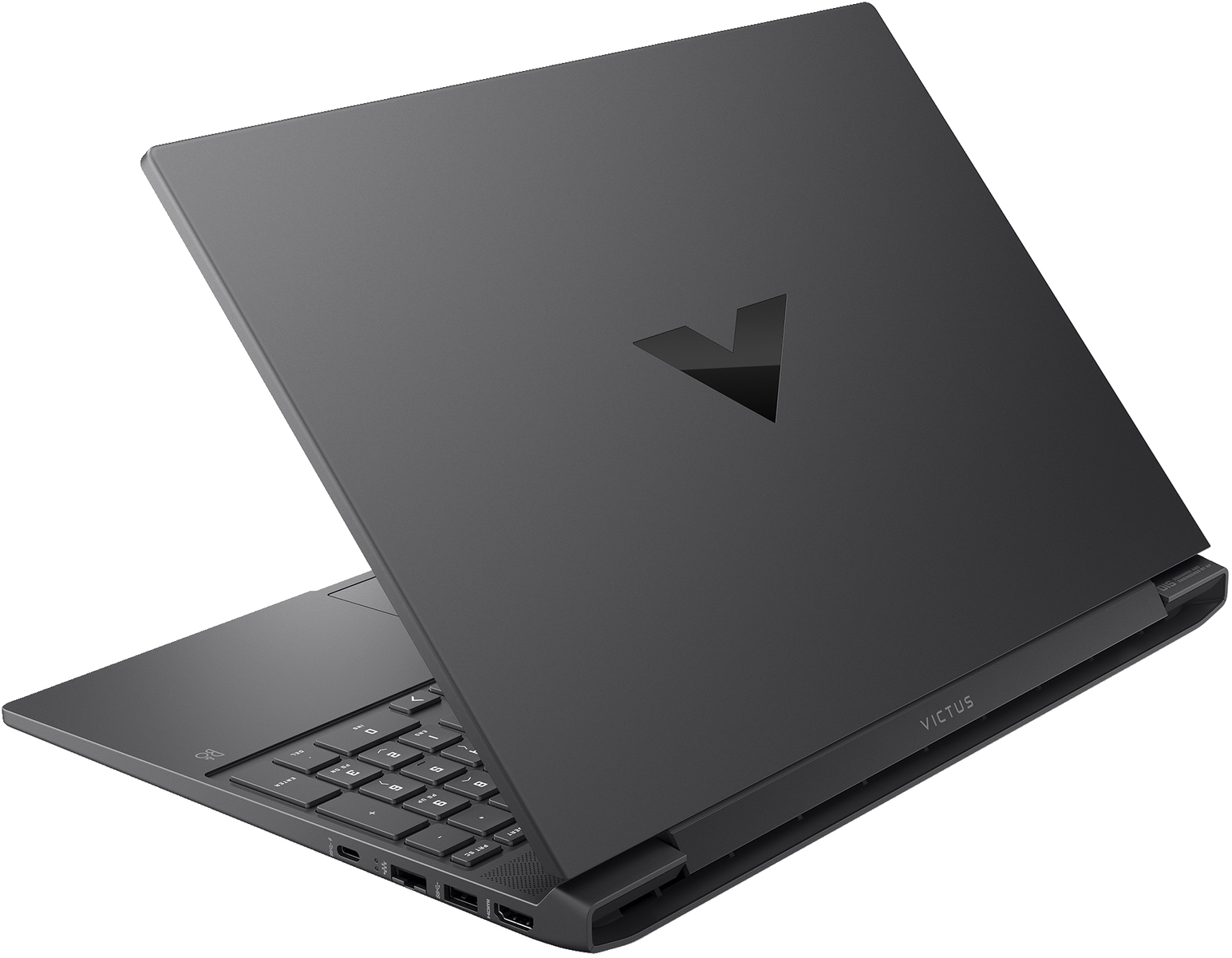 Schwarzer Laptop mit offenem Deckel, der die Rückseite mit dem Victus-Logo zeigt.