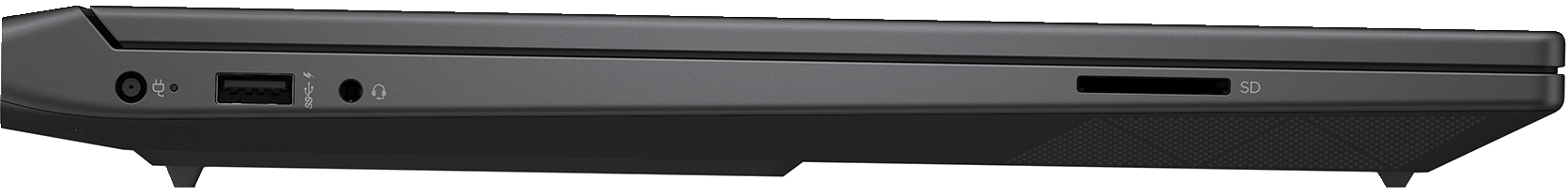 Seitenansicht eines schwarzen Laptops mit Anschlüssen, darunter USB, Audio und SD-Kartensteckplatz.