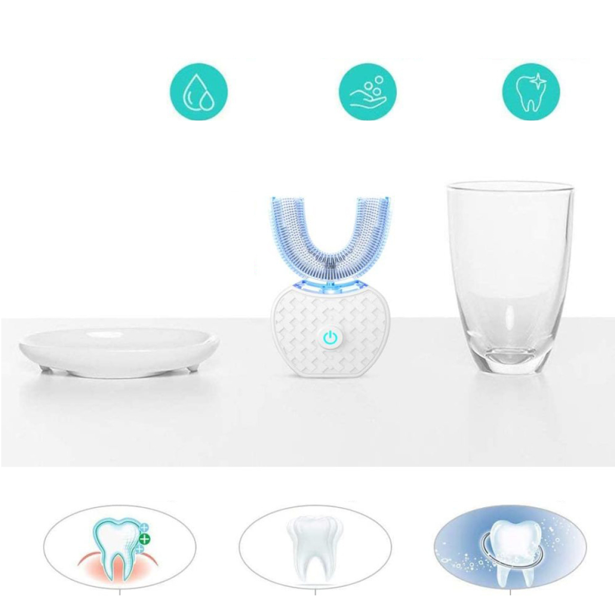 U-förmige elektrische Zahnbürste, Glas und Tablett. Symbole von Wassertropfen, Blasen und Zahn darüber.