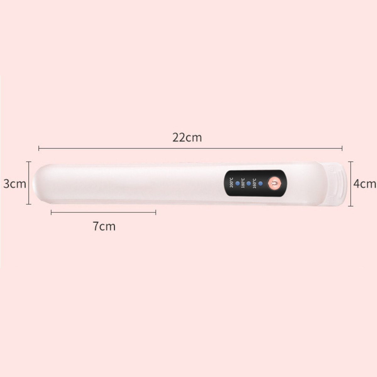 Weißes, rechteckiges Glätteisen mit den Maßen: 22 cm lang, 3 cm dick, 4 cm breit, 7 cm Griff.