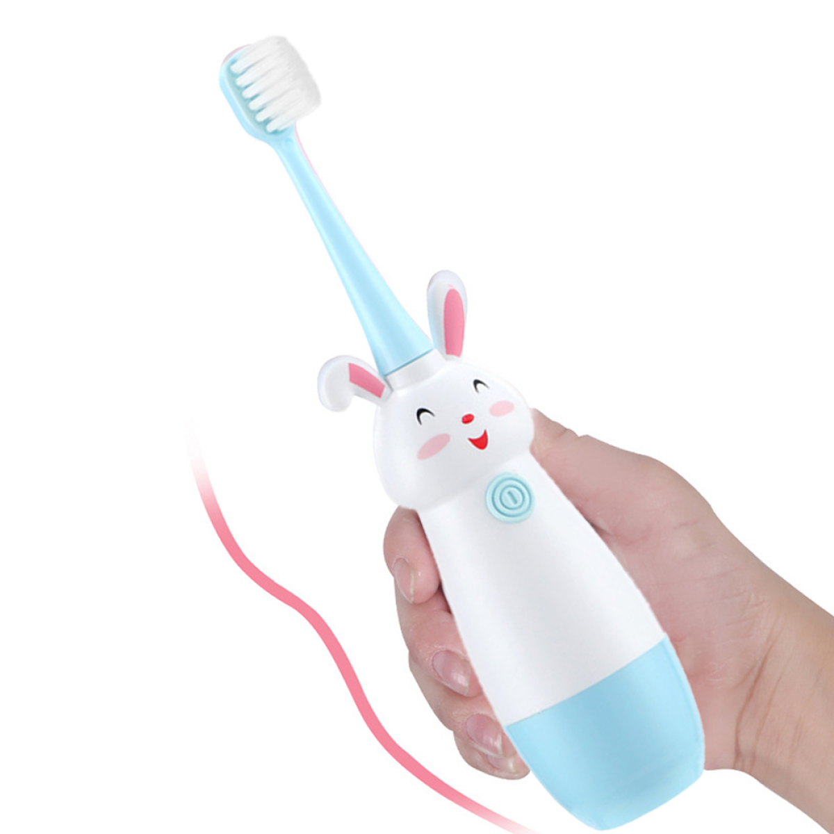 Eine blau-weiße elektrische Zahnbürste in Hasenform, die von einer Hand gehalten wird.
