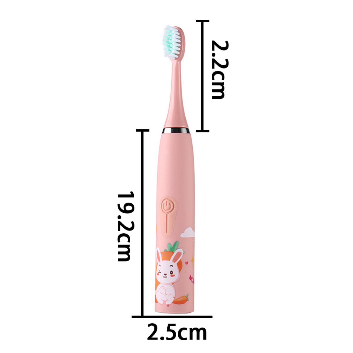 Rosa elektrische Zahnbürste mit Hasenmuster. Maße: 19,2 cm hoch, 2,5 cm breit. Grüne Borsten.