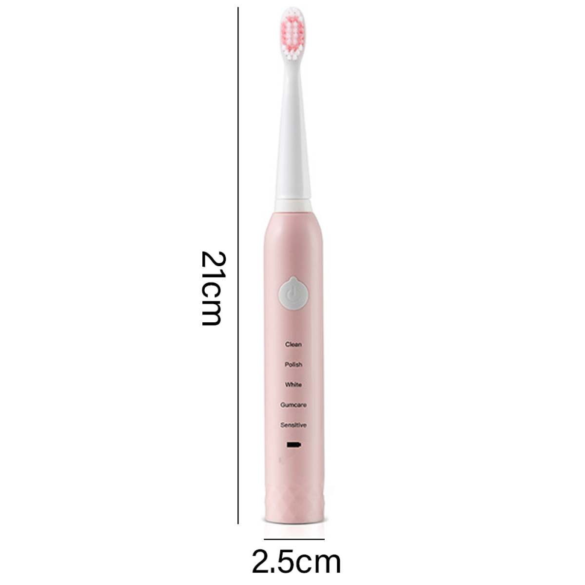 Rosa elektrische Zahnbürste mit weißen Borsten. 21 cm hoch, 2,5 cm breit. Weißer Hintergrund.
