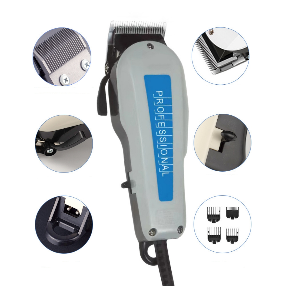 Haarschneider, zerlegte Ansichten zeigen Klingen und Teile, mit blau-grauem Gehäuse.