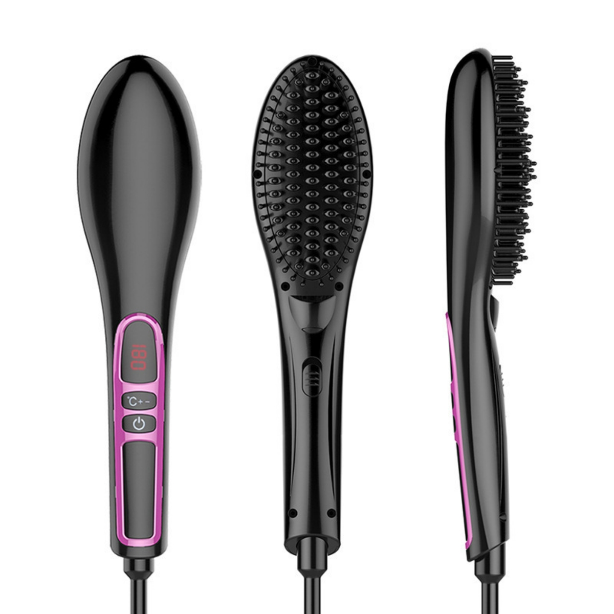 Schwarze Haarglättungsbürste mit rosa Akzenten, verschiedene Winkel zeigend.