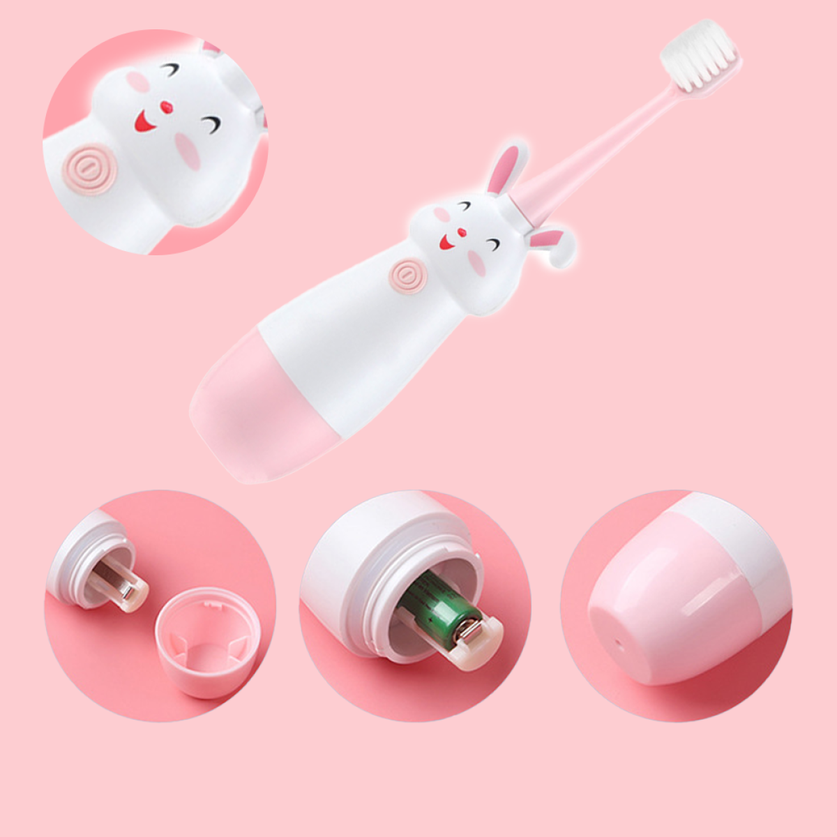 Rosa und weiße Zahnbürste mit Hasen-Design. Enthält abnehmbare Teile und Ladestation.