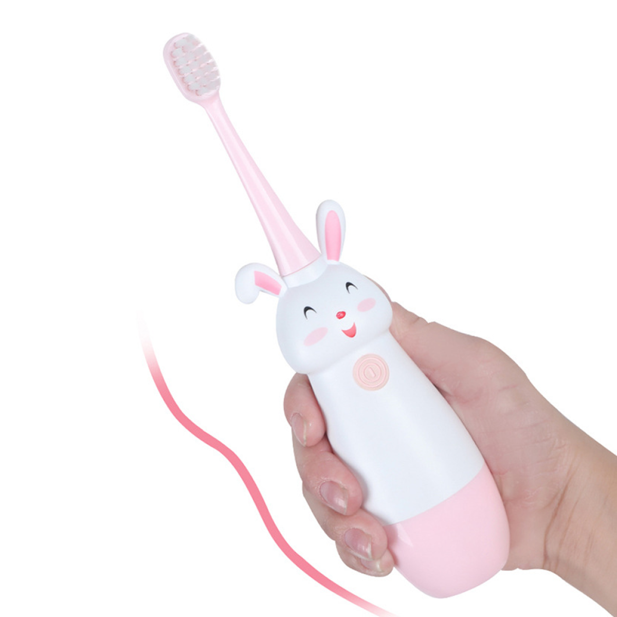 Eine rosa-weiße, hasenförmige elektrische Zahnbürste wird in einer Hand gehalten.