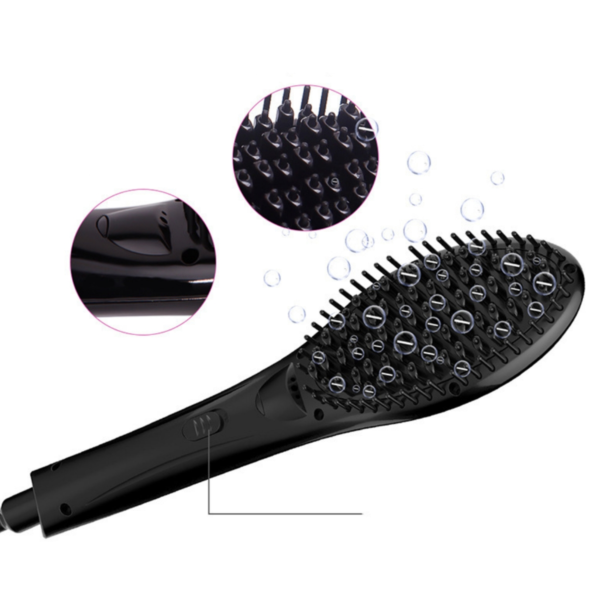 Schwarzer Haarglätter mit Nahaufnahme von Platten und Borsten. Blasen sind drumherum.