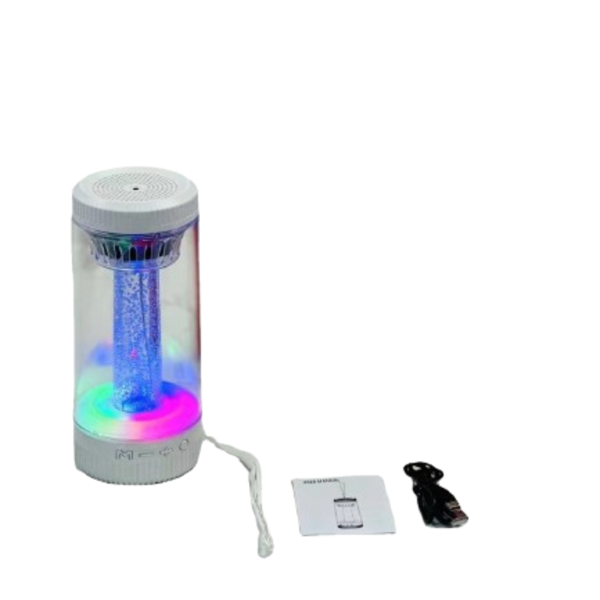 Ein zylindrischer Lautsprecher mit Lichtern. Es hat einen Ständer, ein Kabel, eine Bedienungsanleitung und ein USB-Kabel.