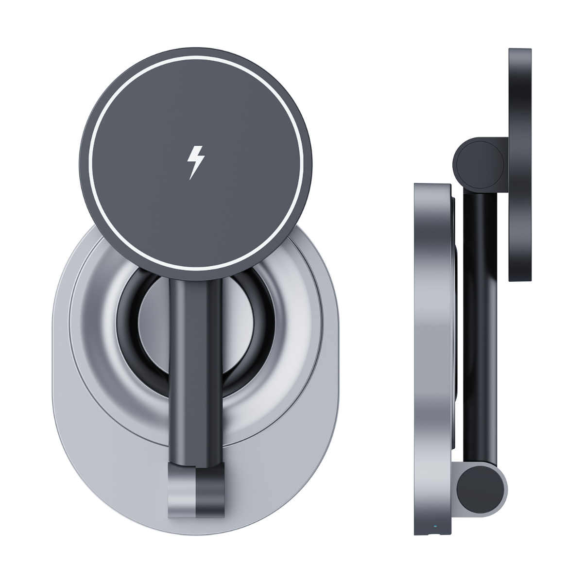 Ladestation mit rundem Oberteil und Seitenansicht, mit schlankem Metallic-Design.