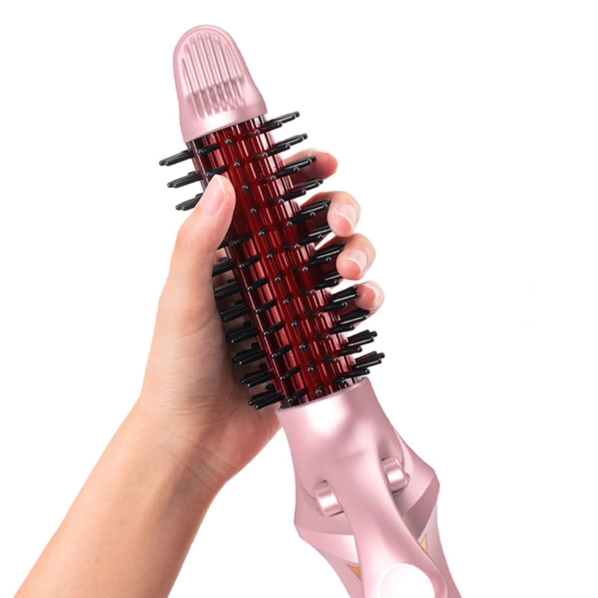 Die Hand einer Person, die eine pinke und rote Haarstyling-Bürste hält.