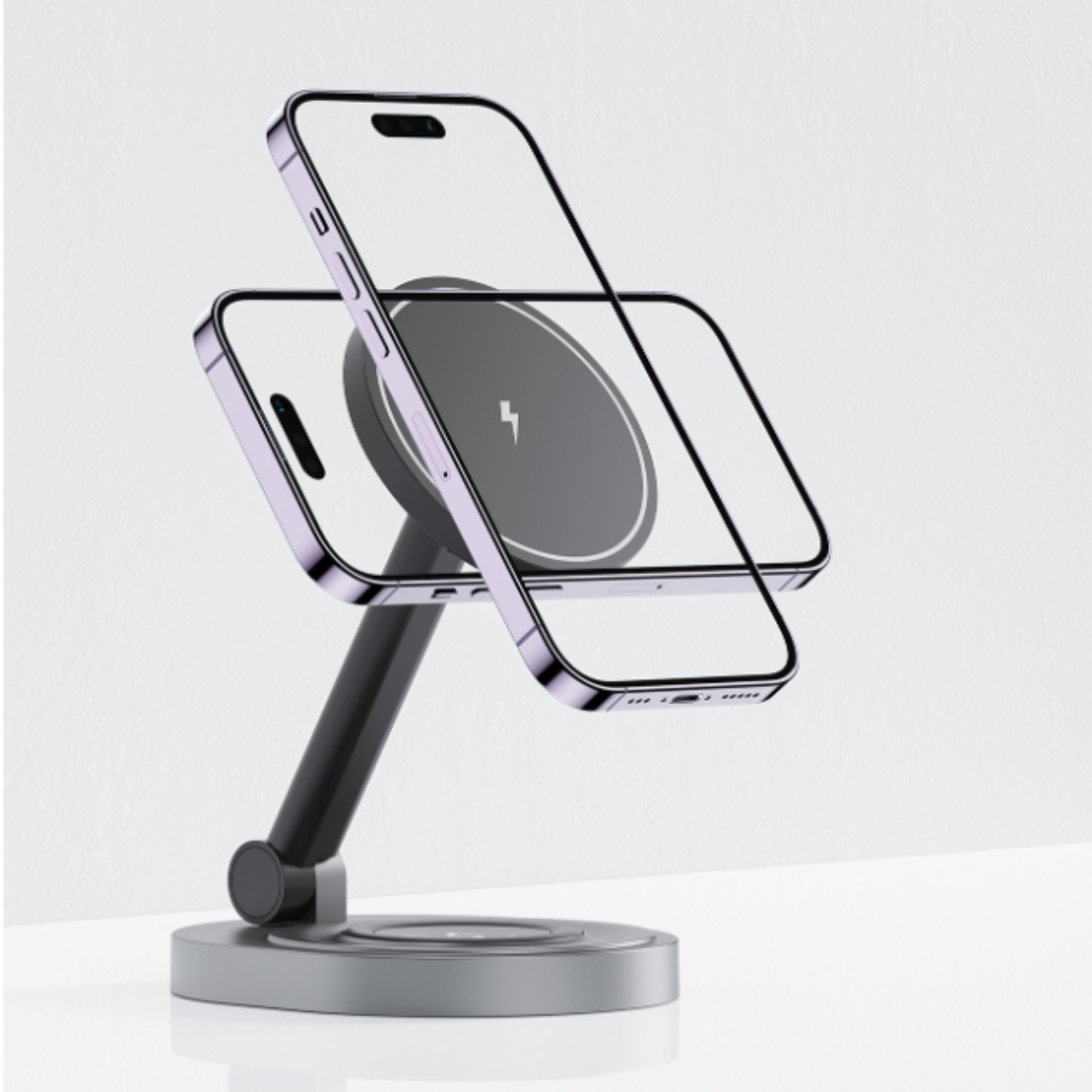 Ein Telefon wird auf einem Ständer mit einer transparenten Hülle und kabellosem Ladepad angezeigt.
