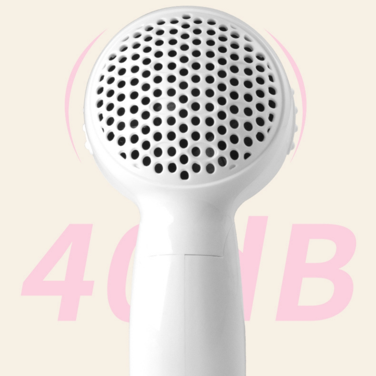 Nahaufnahme eines weißen Haartrockners mit rundem Kopf und den Zahlen 40 dB in Pink.