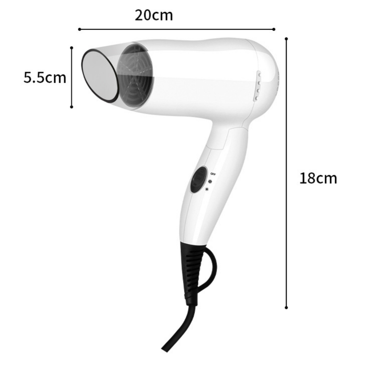 Weißer Haartrockner mit Maßen in Zentimetern: 20 cm, 18 cm und 5,5 cm.