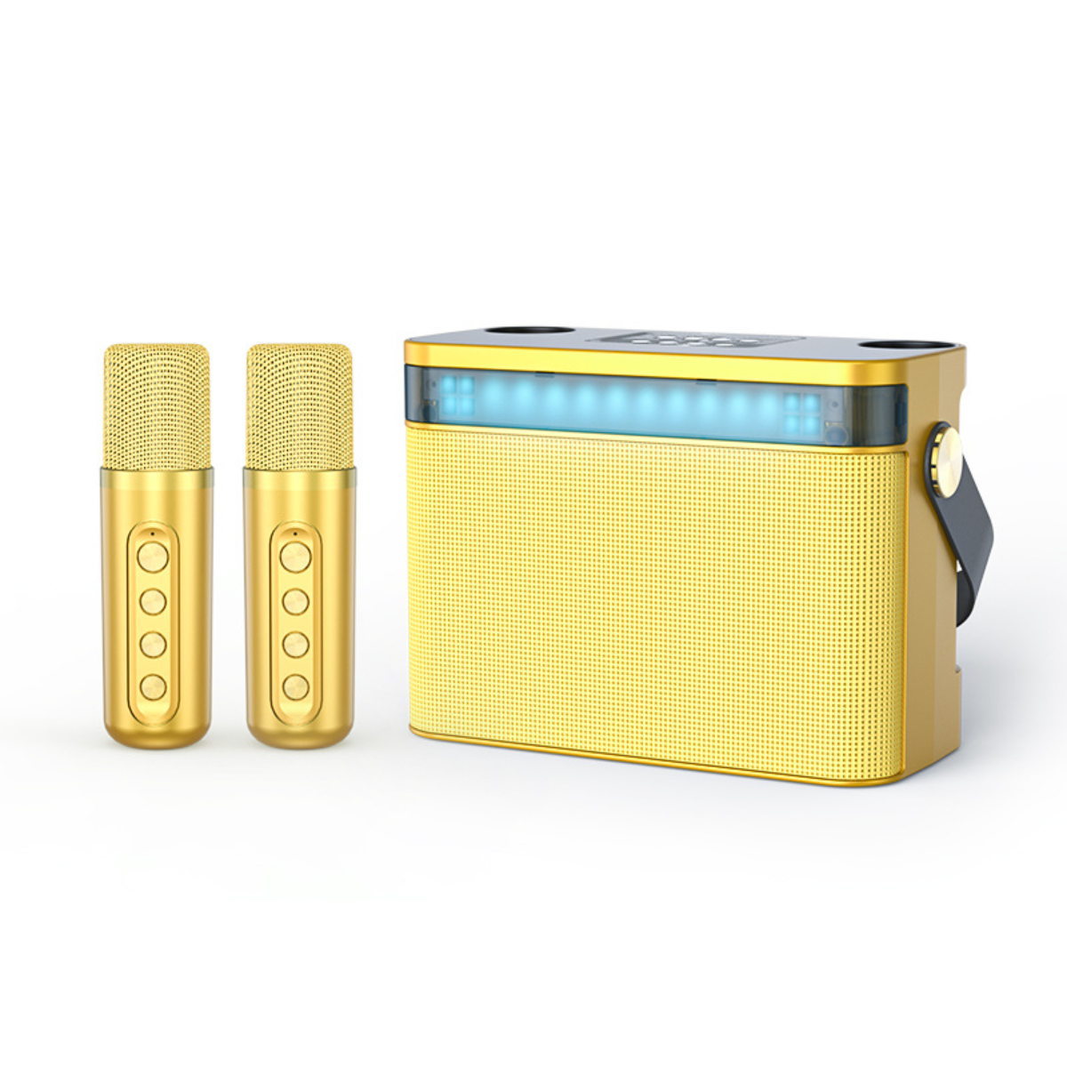 Eine goldene Karaoke-Maschine mit zwei goldenen Mikrofonen. Die Maschine hat einen schwarzen Griff.