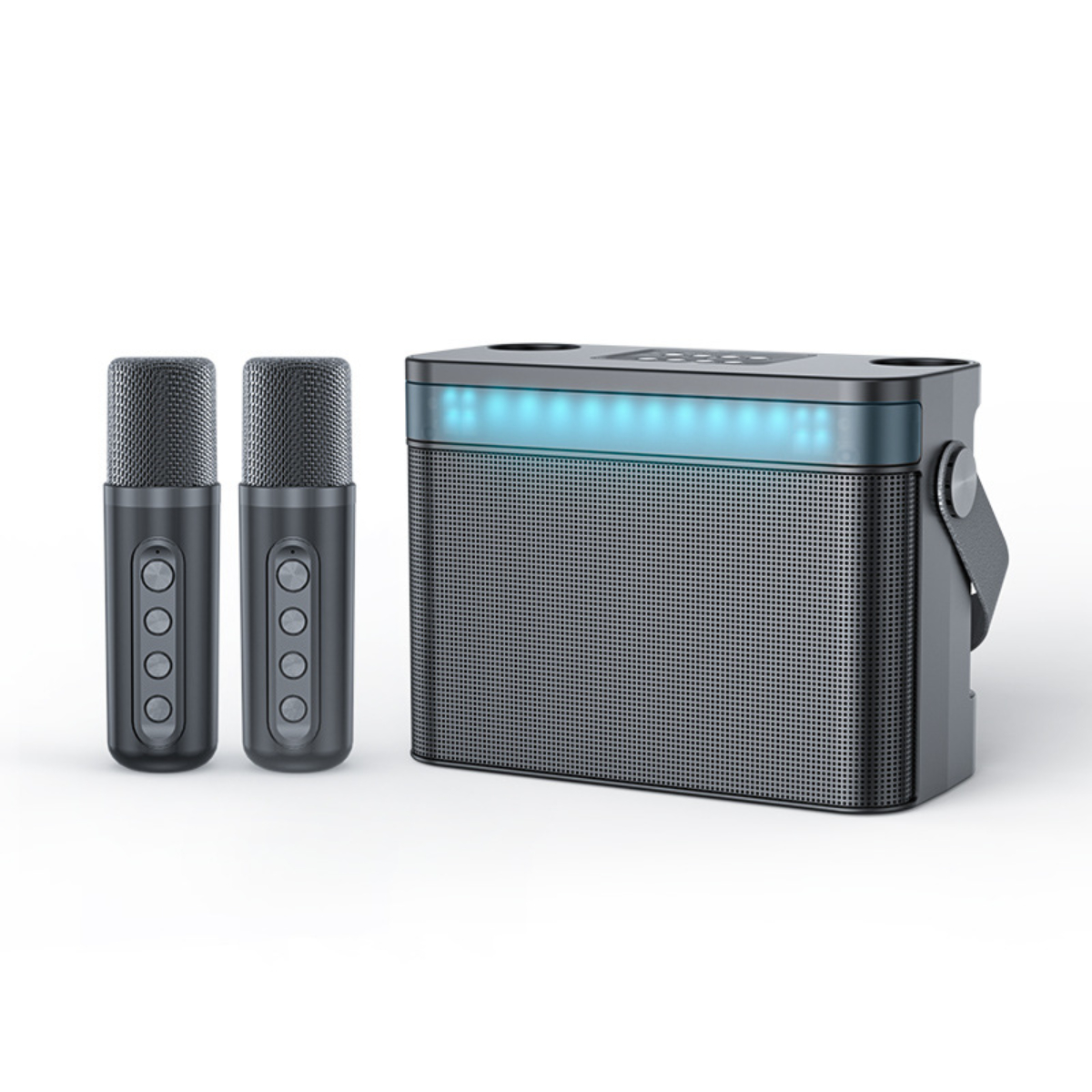 Schwarzer Karaoke-Lautsprecher mit zwei Mikrofonen. Der Lautsprecher hat einen Griff und blaues Licht.