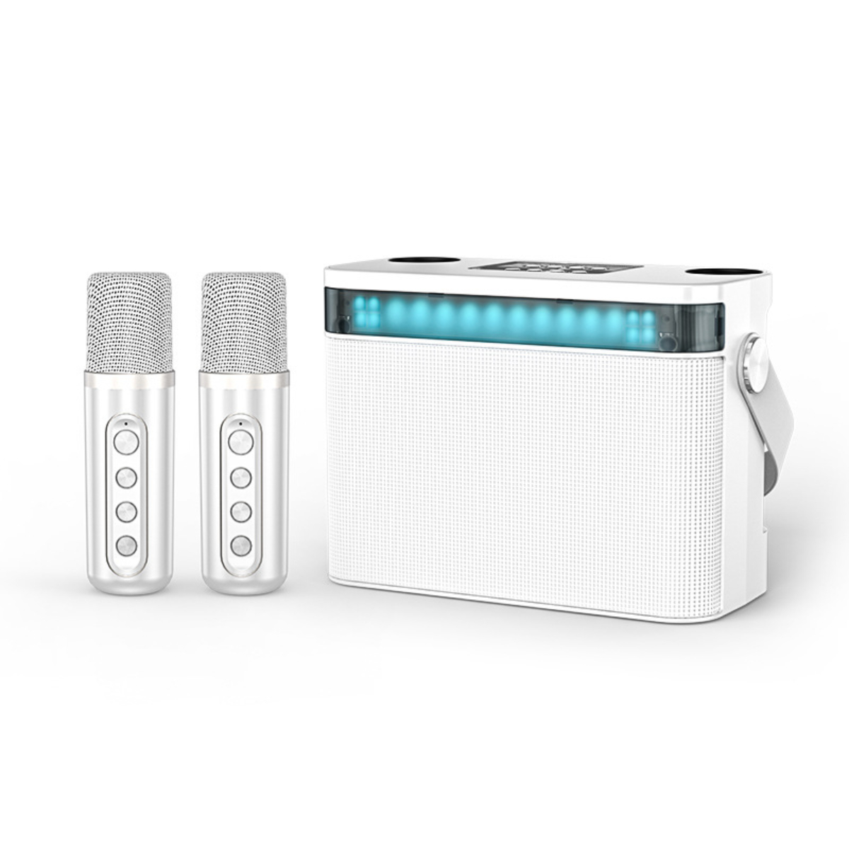 Weißer Karaoke-Lautsprecher mit zwei Mikrofonen. Der Lautsprecher hat einen Griff und blaues Licht.