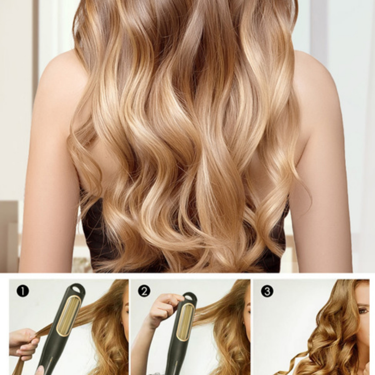 Schritte zum Locken der Haare mit einem Werkzeug. Blondes Haar wird in Stufen mit dem Werkzeug gezeigt.