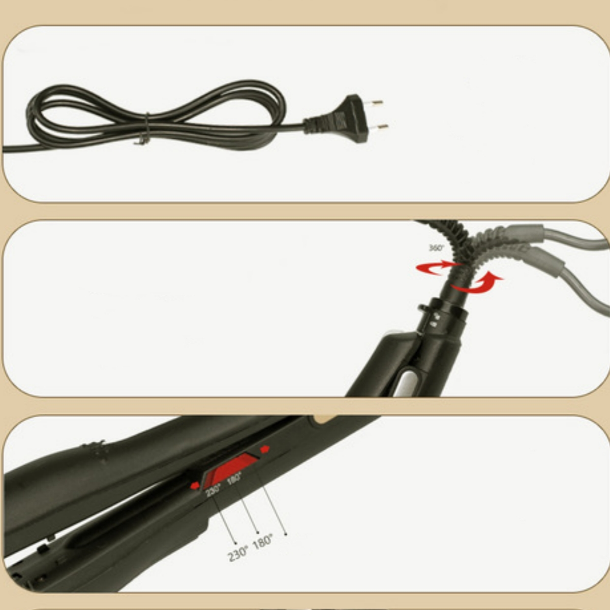 Ein schwarzer Haarglätter mit schwarzem Kabel und Stecker. Das Bild zeigt Details wie Temperatureinstellungen.