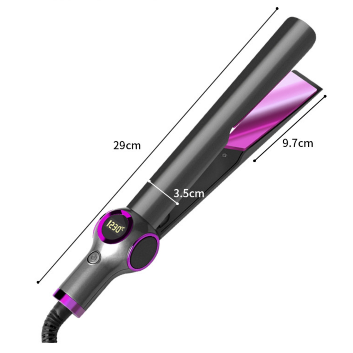 Ein schwarz-violettes Haarglätteisen mit Maßangaben. Die Platten sind geöffnet.