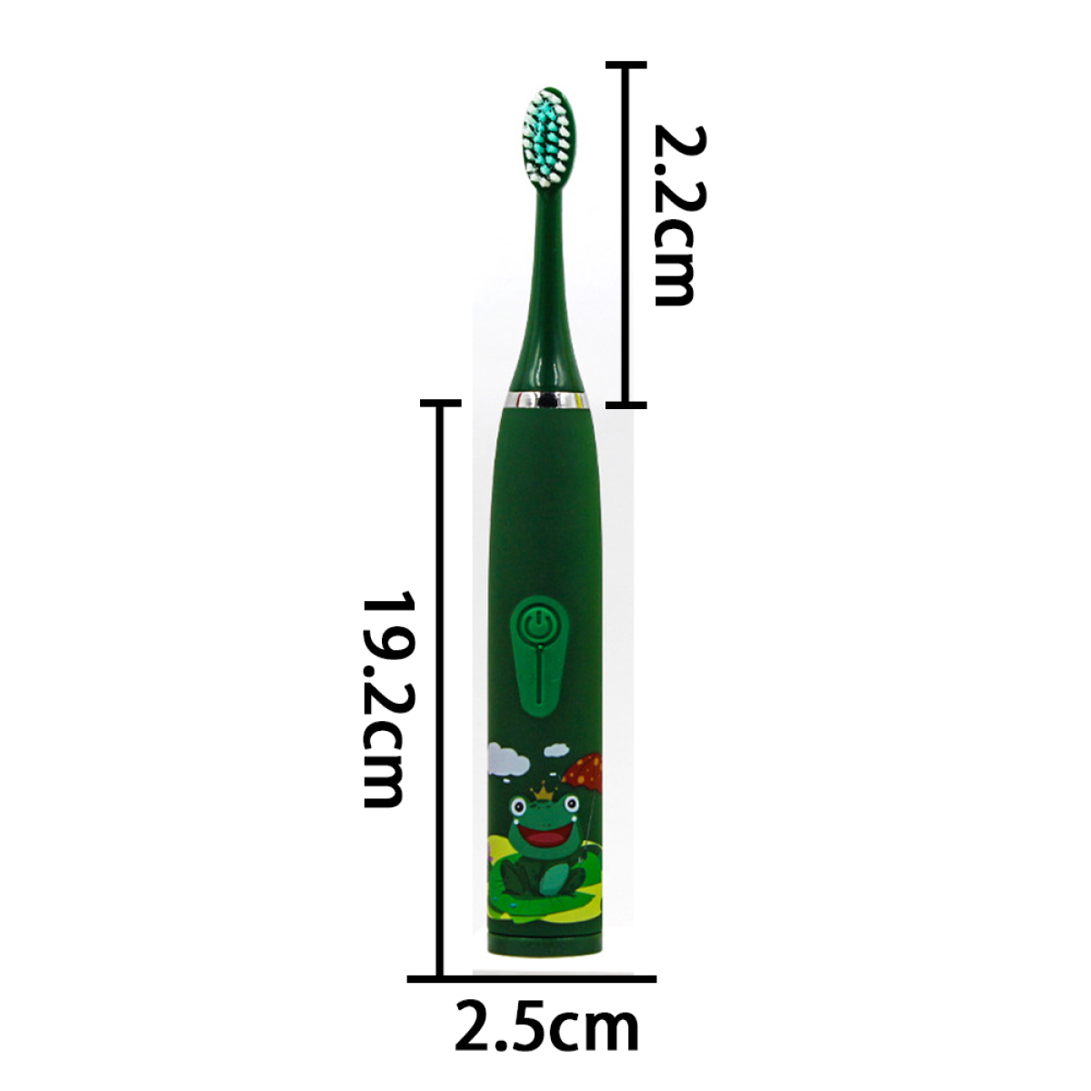 Grüne elektrische Zahnbürste mit Froschdesign, Maße: 19,2 cm lang, 2,2 cm Kopf, 2,5 cm breit.