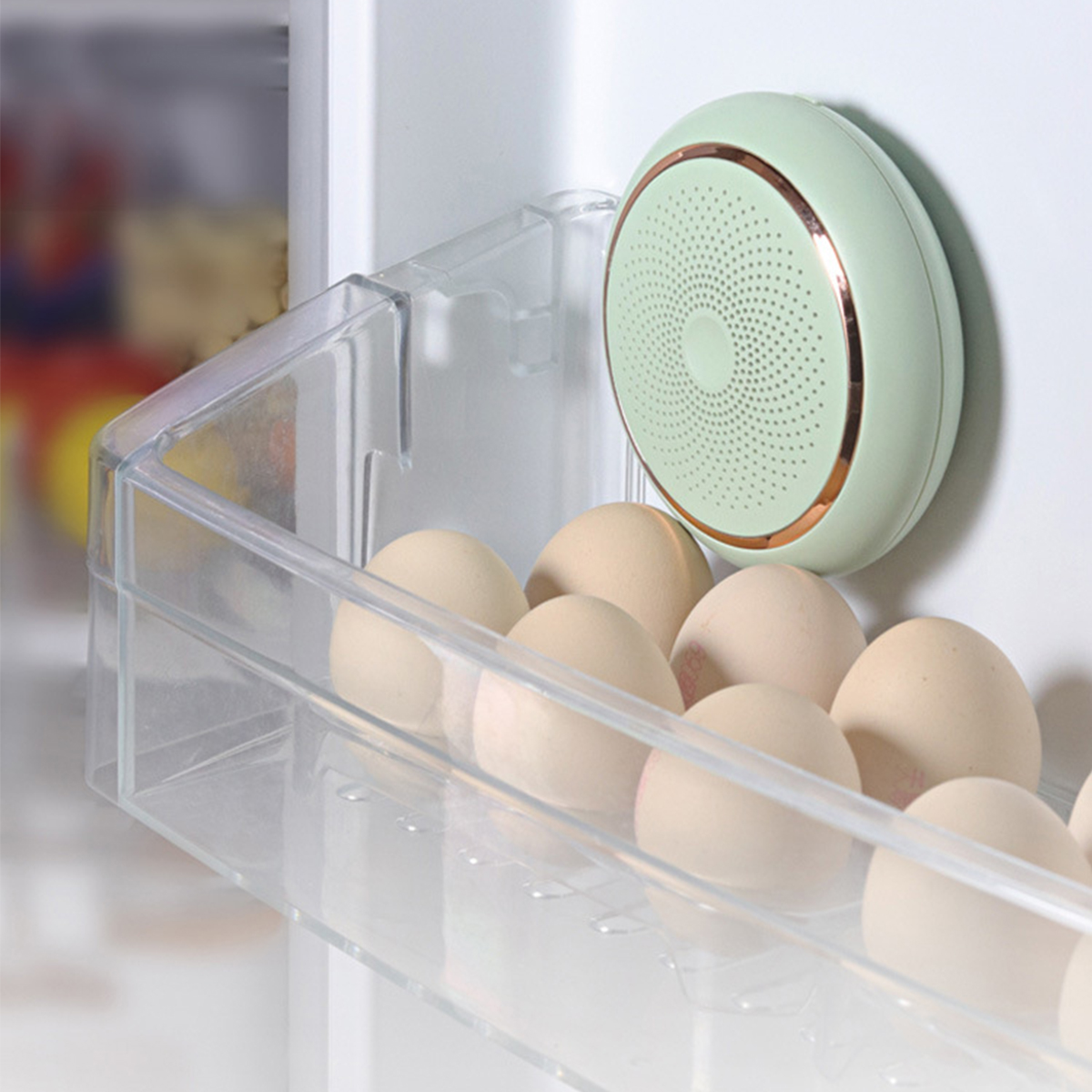 Eier in einer durchsichtigen Kühlschrank-Schublade mit einem grünen, kreisförmigen Lufterfrischer.