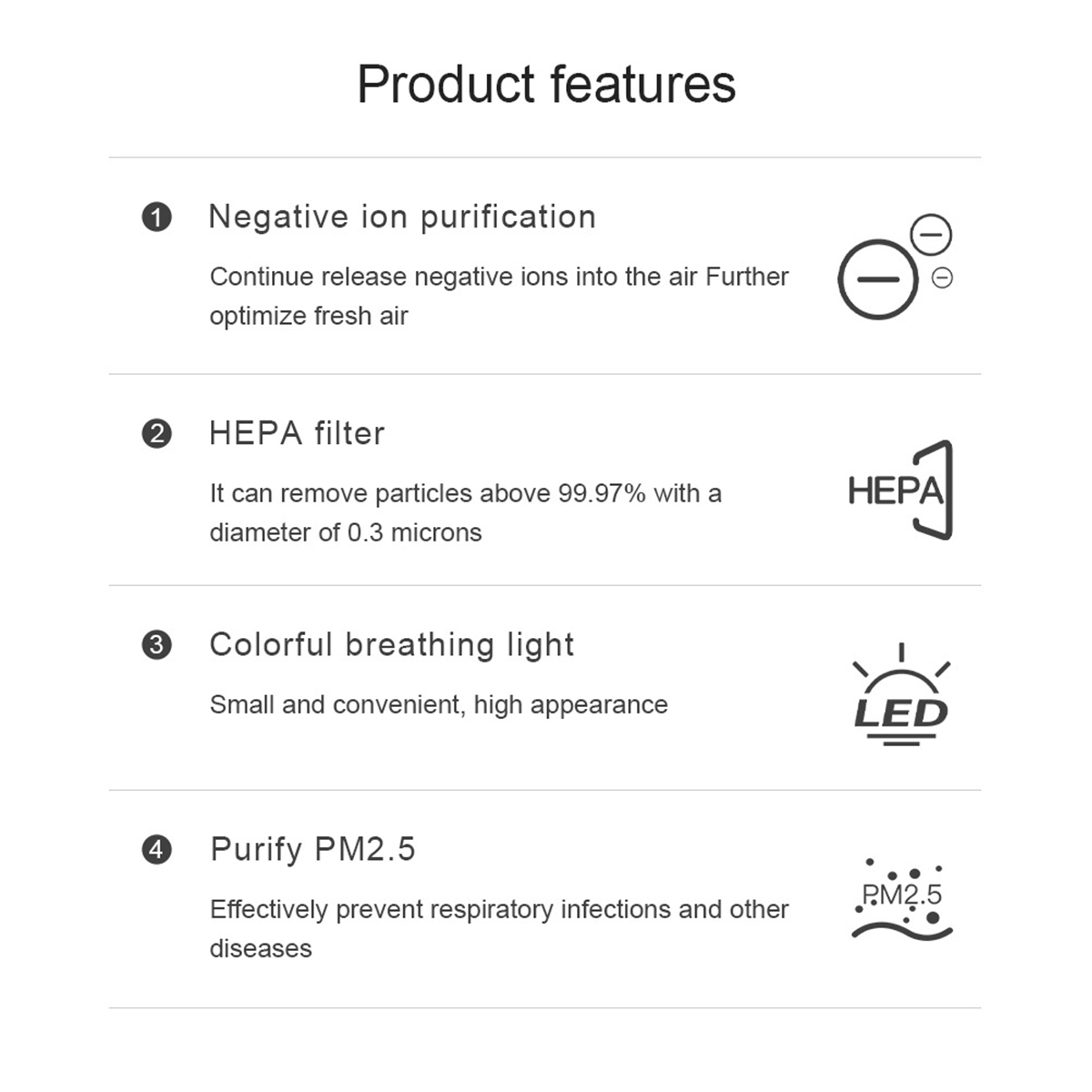 Produktmerkmale: Negative Ionenreinigung, HEPA-Filter, farbiges Atemlicht und PM2,5-Reinigung.