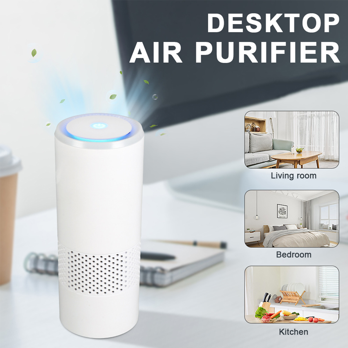Weißer Luftreiniger mit blauem Licht und Bildern von Wohnzimmer, Schlafzimmer und Küche.