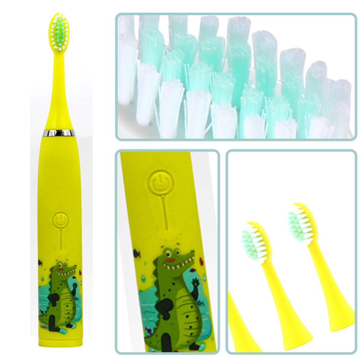 Gelbe elektrische Zahnbürste mit drei Nahaufnahmen von Bürstenköpfen und Alligatordesign.