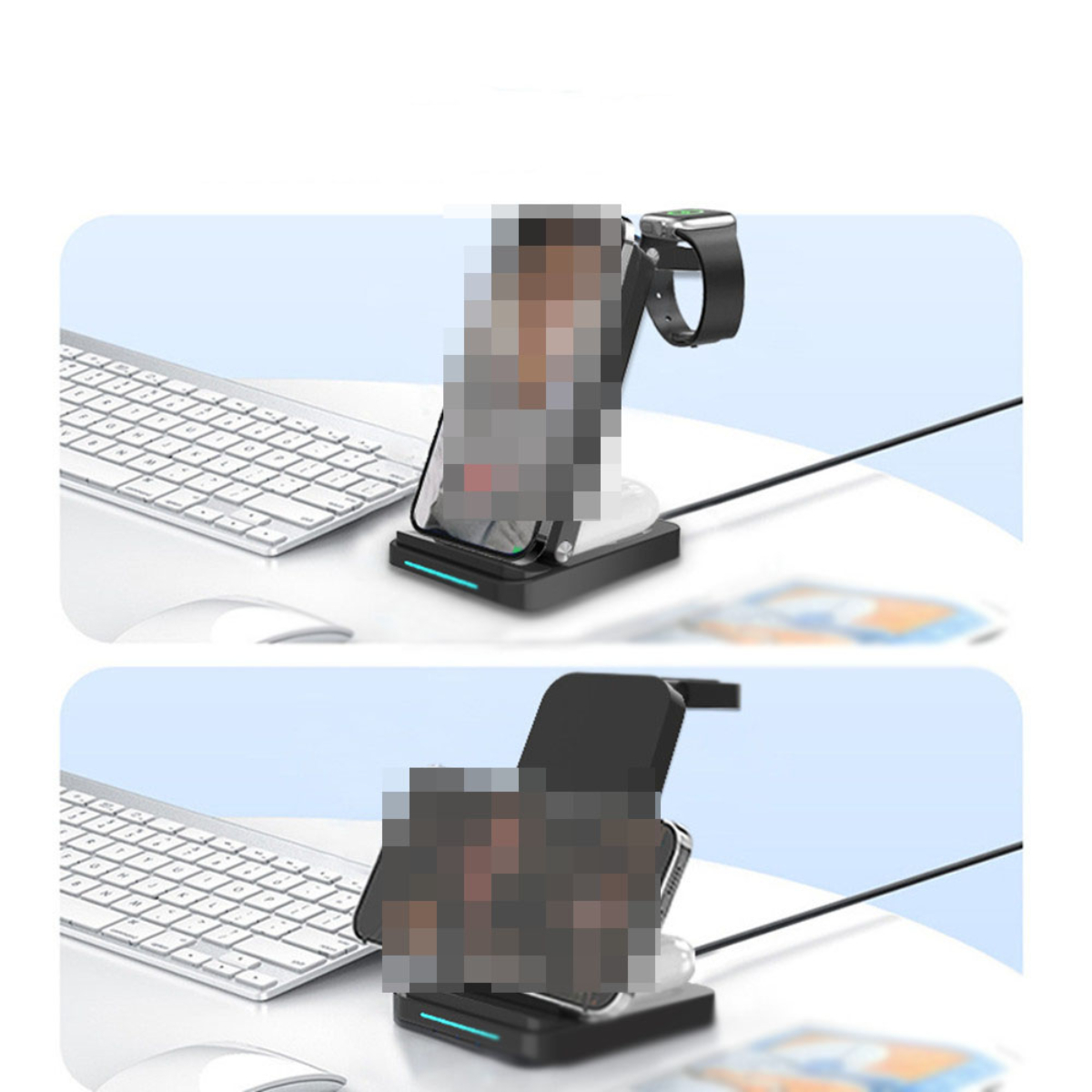 Kabellose Ladestation mit unscharfem Telefon, Uhr und Tastatur auf einem Schreibtisch.