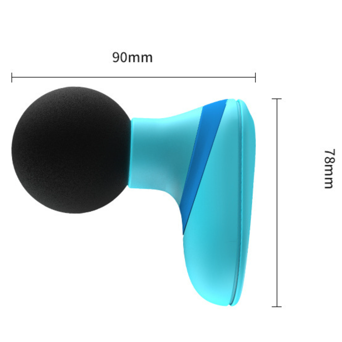 Eine Massagepistole in Blau und Schwarz mit den Maßen 90 mm und 78 mm.