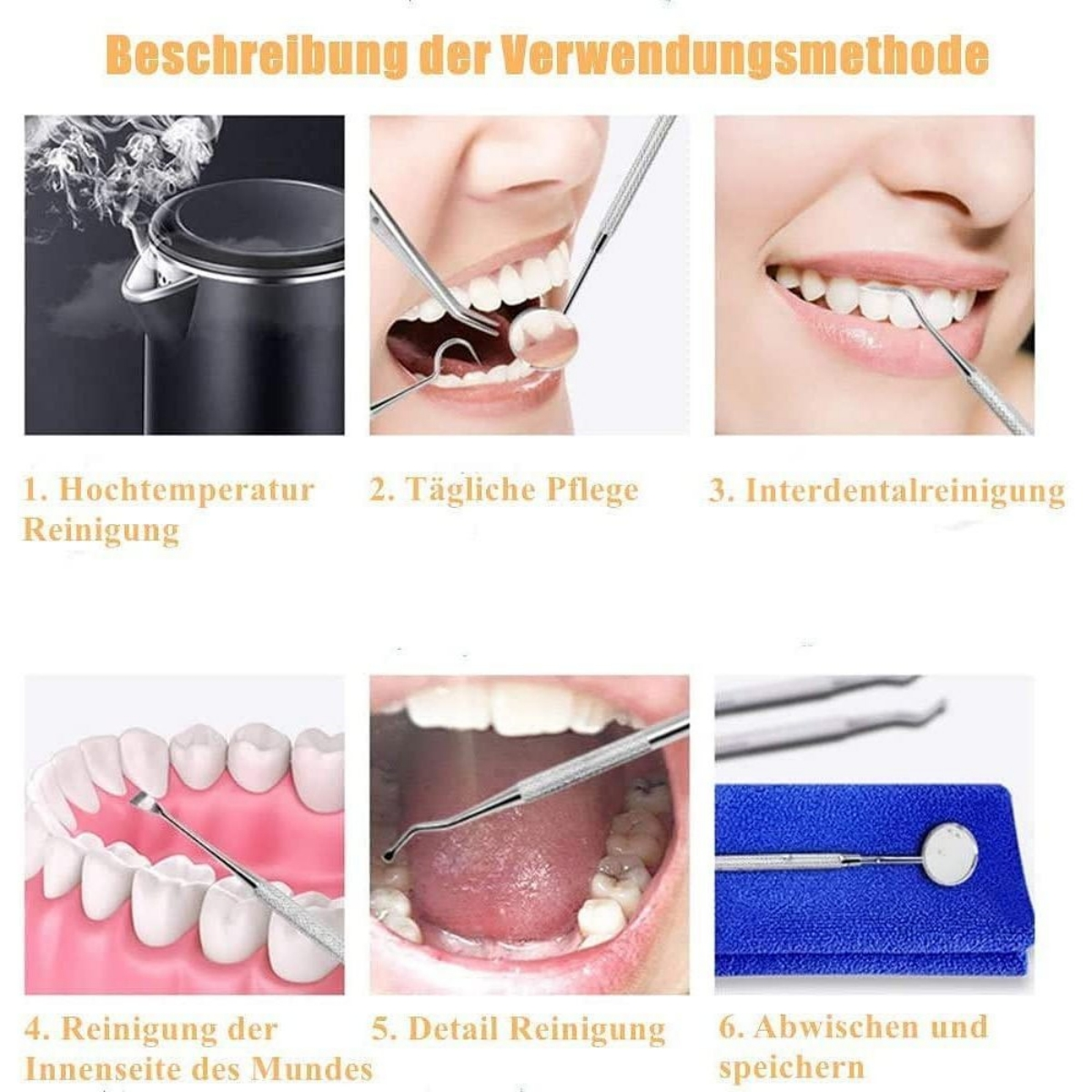 Diagramm, das Zahnpflegeschritte zeigt: Hochtemperaturreinigung, tägliche Pflege, Interdentalreinigung usw.