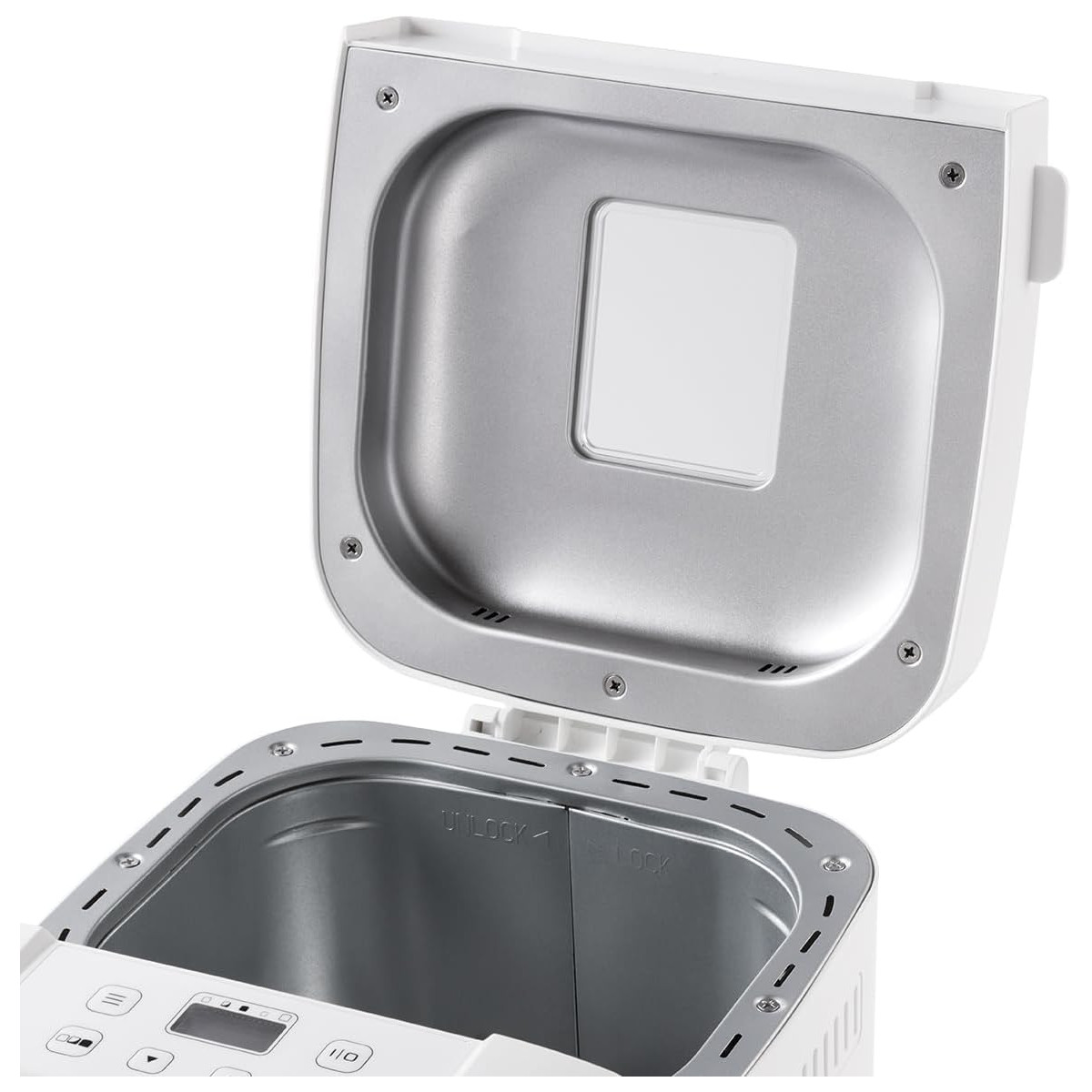 Biała maszyna do pieczenia chleba, otwarta pokrywa, pokazująca elementy wewnętrzne i panel sterowania.