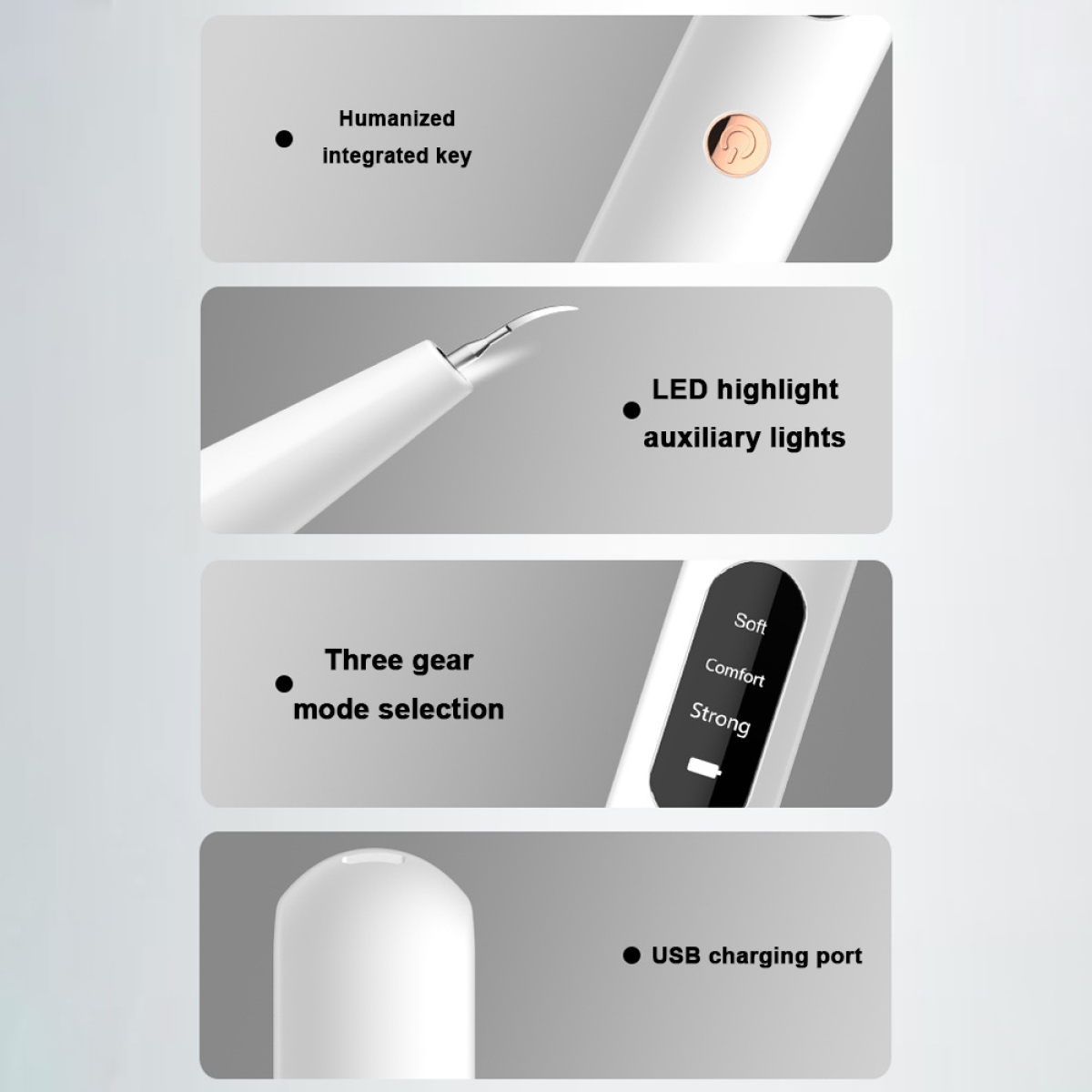Diagramm, das Teile eines Mundhygienewerkzeugs und seine Funktionen zeigt.