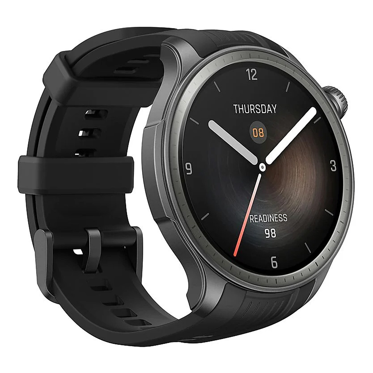 Czarny smartwatch z czarnym paskiem. Ekran wyświetla godzinę, czwartek i poziom gotowości.