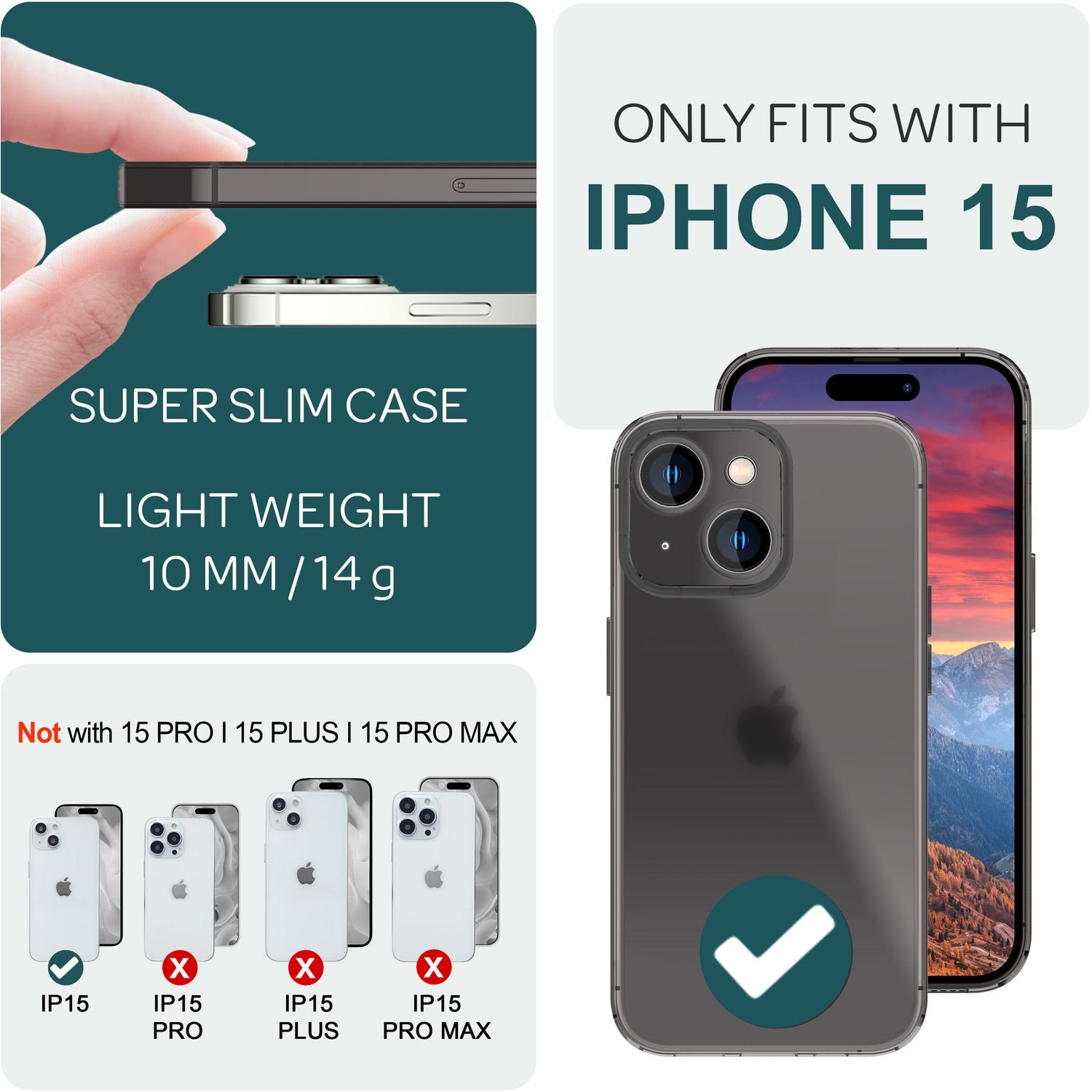 L'image montre une coque de téléphone avec un iPhone 15. Le texte dit : super fin, léger. D'autres téléphones ne sont pas compatibles.