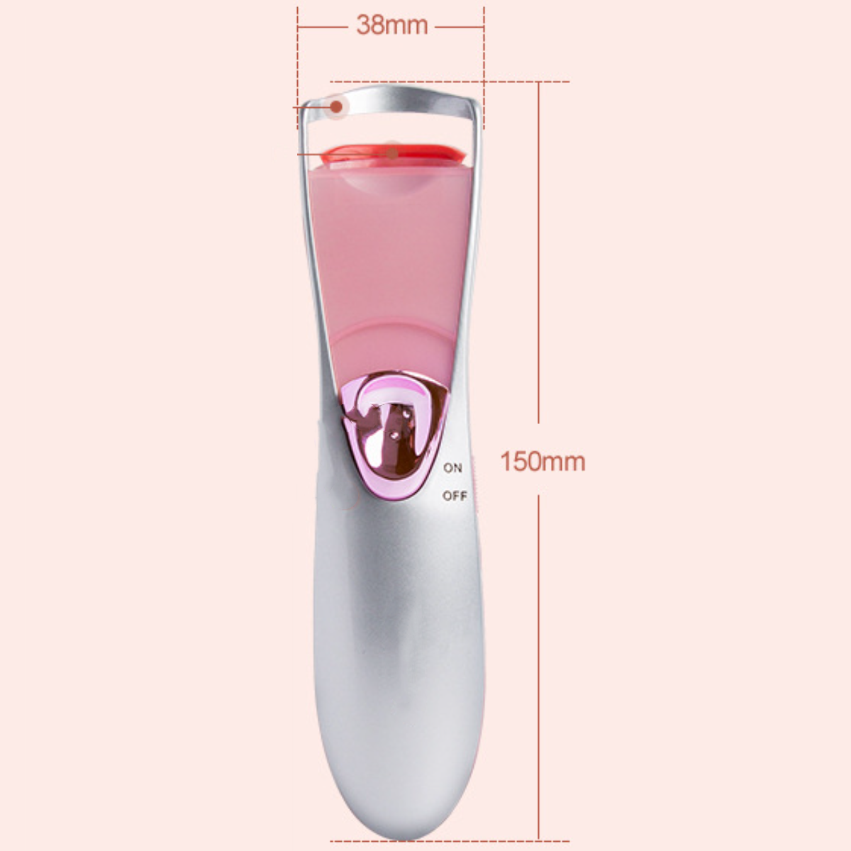 Ein rosa-silberner Wimpernzange mit den Maßen 150 mm x 38 mm.
