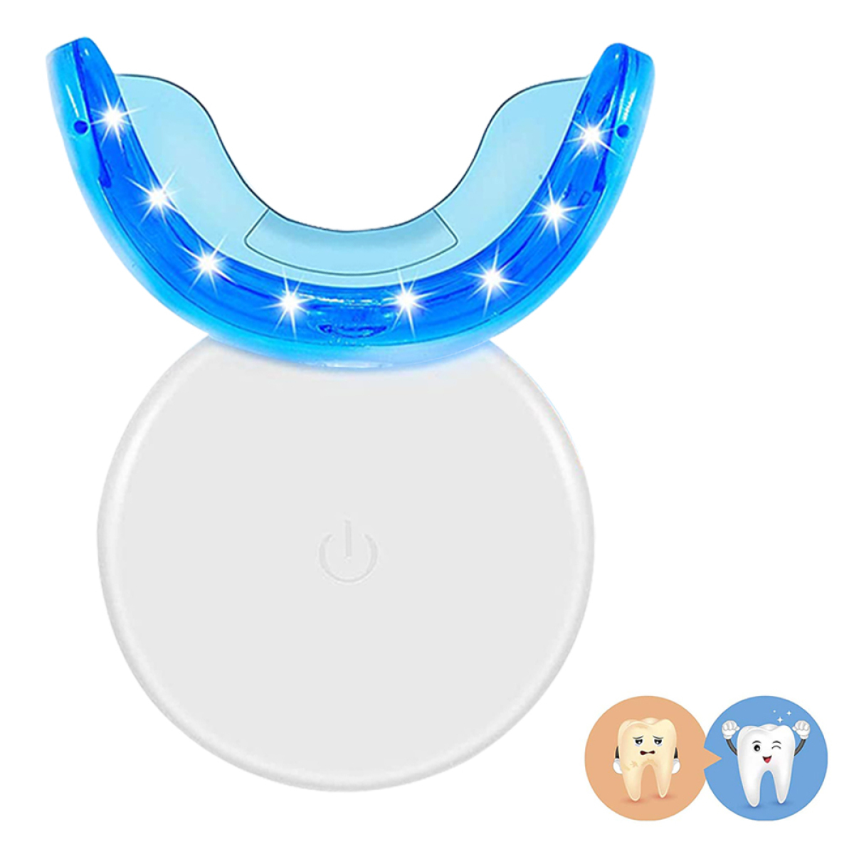 Ein blaues LED-Zahnaufhellungsgerät auf weißer Basis. Es gibt Symbole von Zähnen.