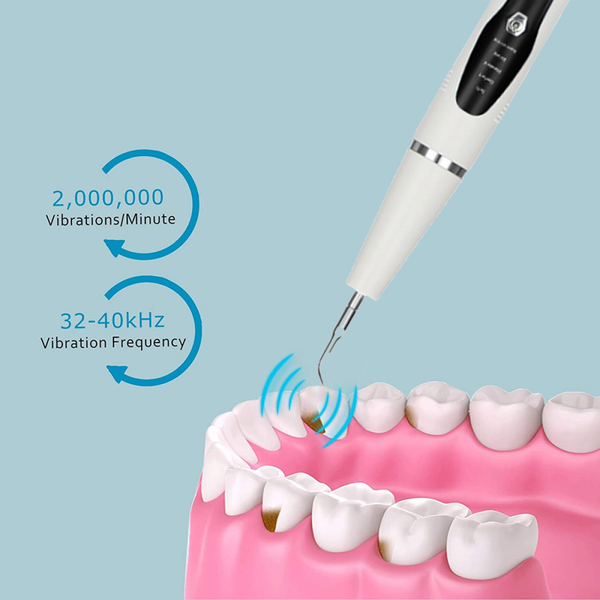 Zahnmodell mit Zahnsteinentferner, der braune Flecken reinigt. Text zeigt 2.000.000 Vibrationen/Minute.