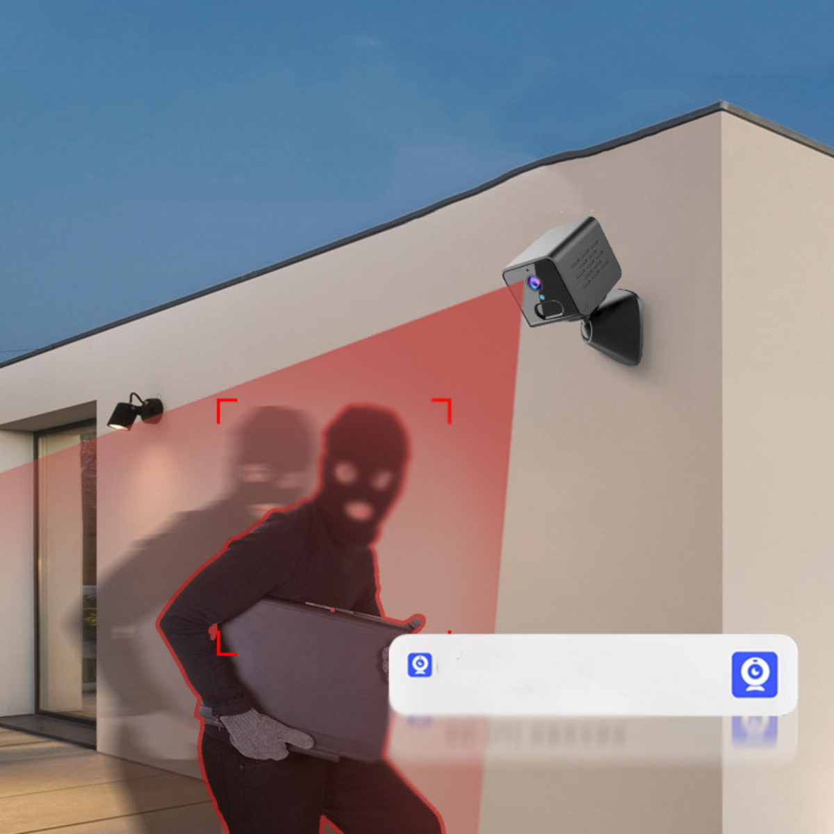 Sicherheitskamera an der Wand erkennt maskierte Person mit Tasche. Rotes Licht signalisiert Alarm.