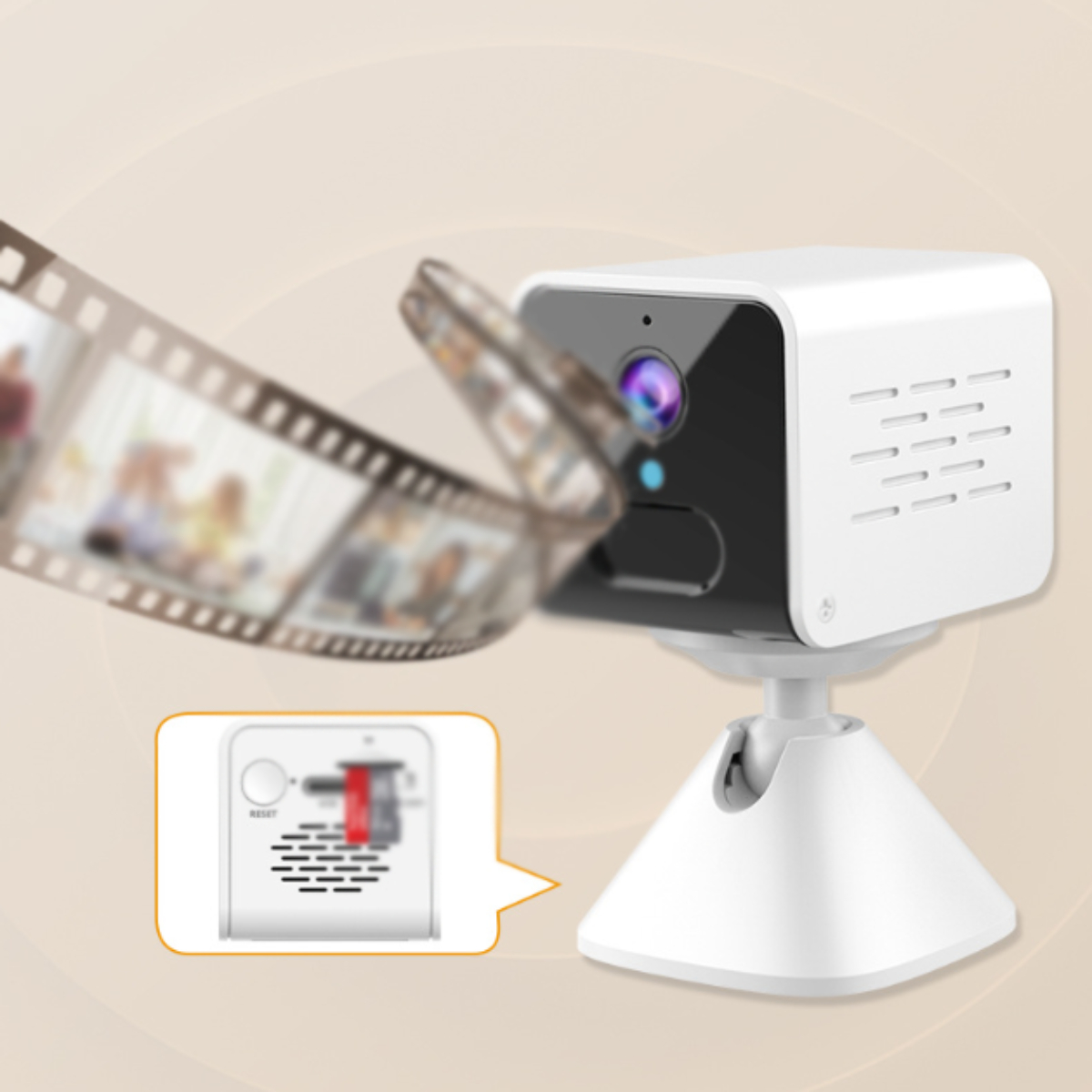 Eine weiße Überwachungskamera auf einem Ständer mit einem Filmstreifeneffekt und einer Nahaufnahme.
