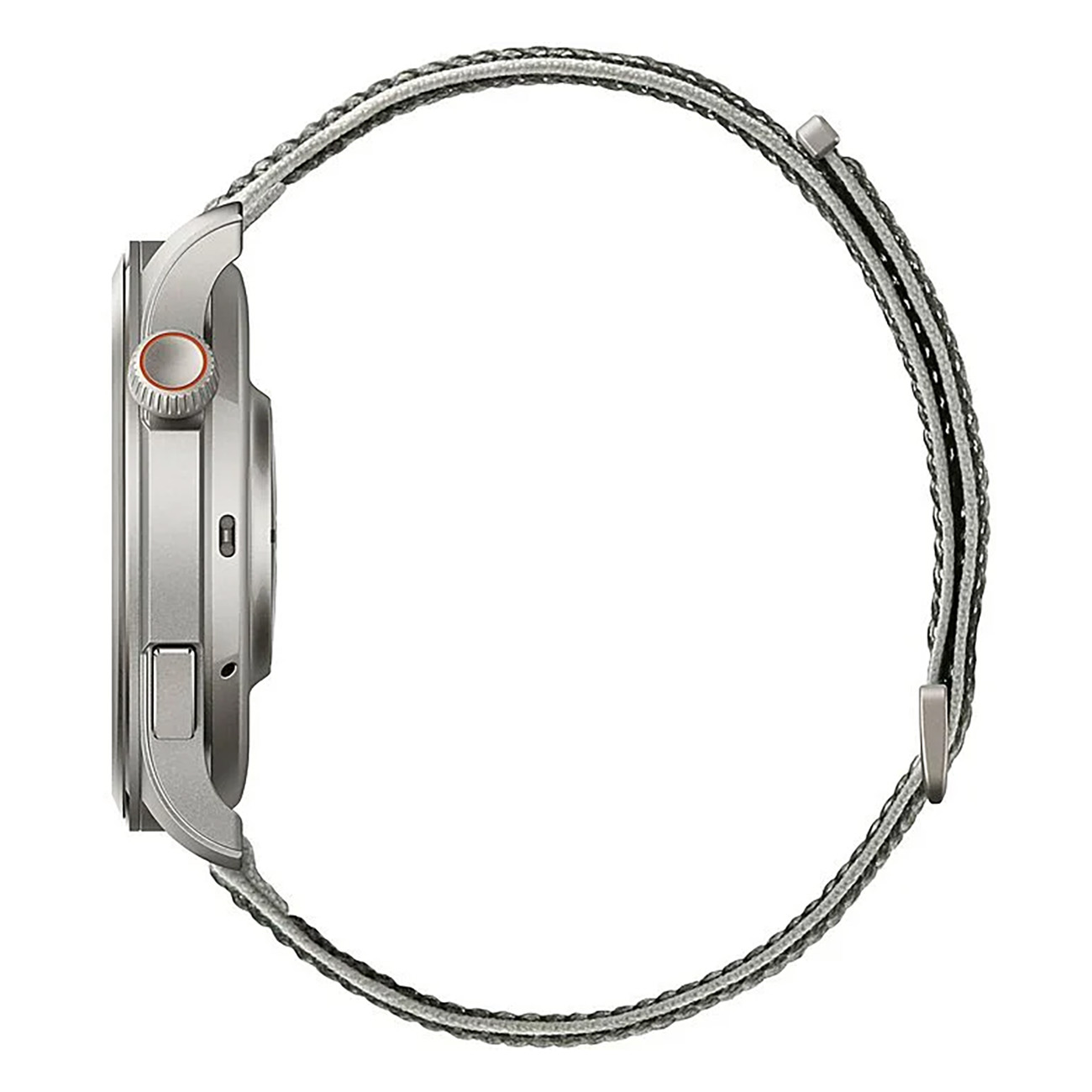 Zijaanzicht van een zilveren smartwatch met een grijs en zwarte band.