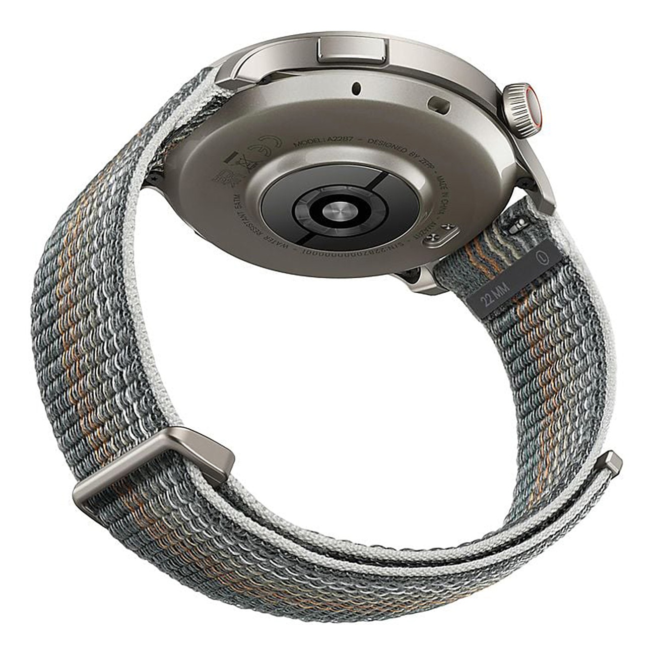 Smartwatch van achteren, met een stoffen bandje.