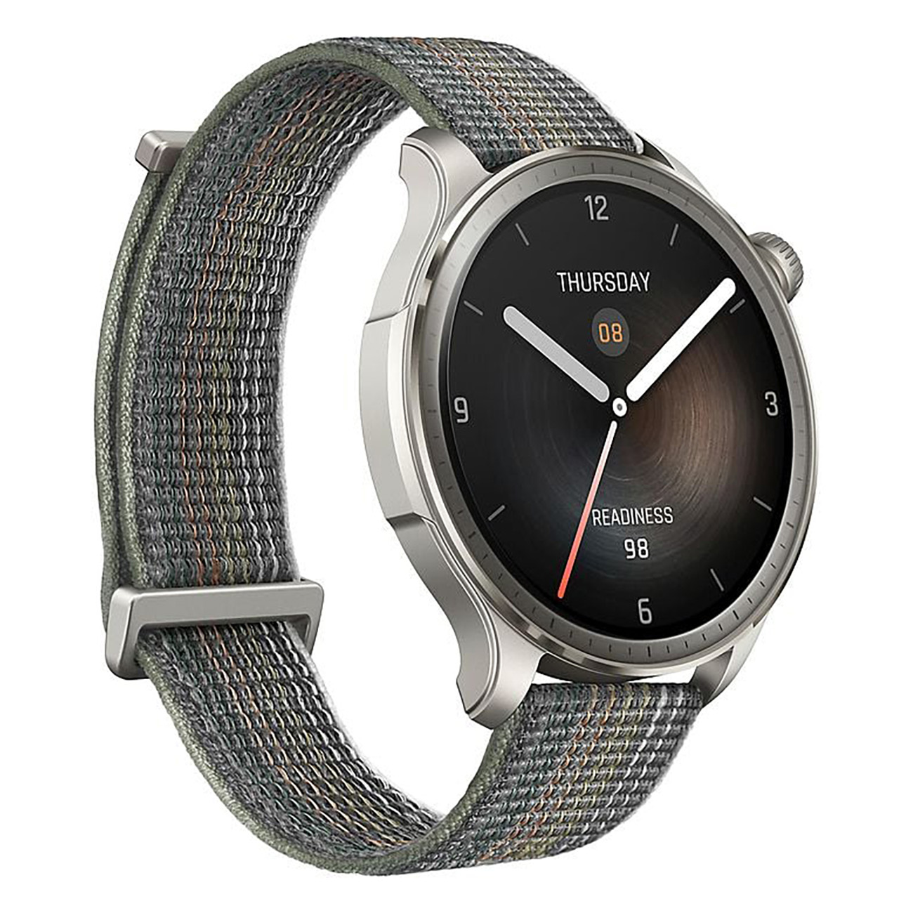 Een zilveren smartwatch met een groene stoffen band die de tijd weergeeft.