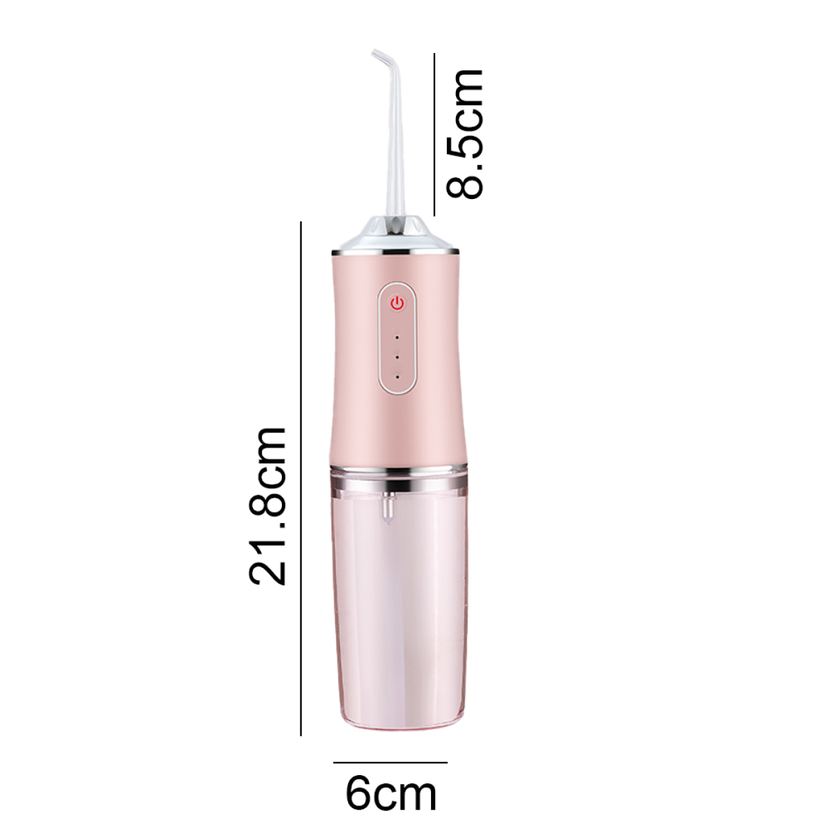 Ein rosa-weißer elektrischer Wasserflosser mit abgebildeten Abmessungen.