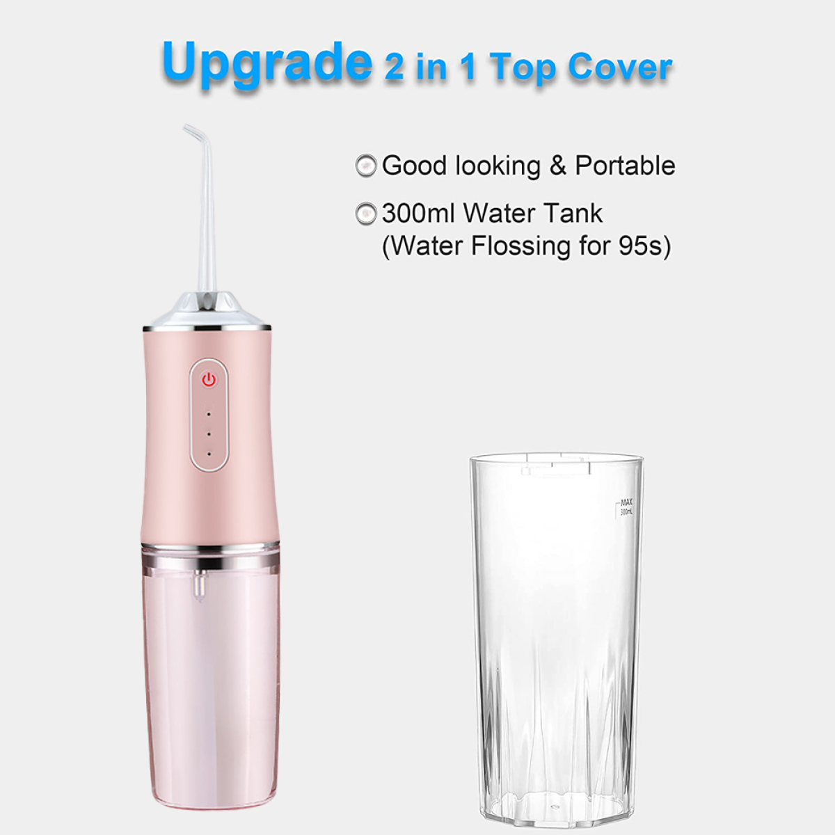 Rosa Zahn-Wasser-Flosser, 300ml Tank, und Text über das Produkt auf hellem Hintergrund.