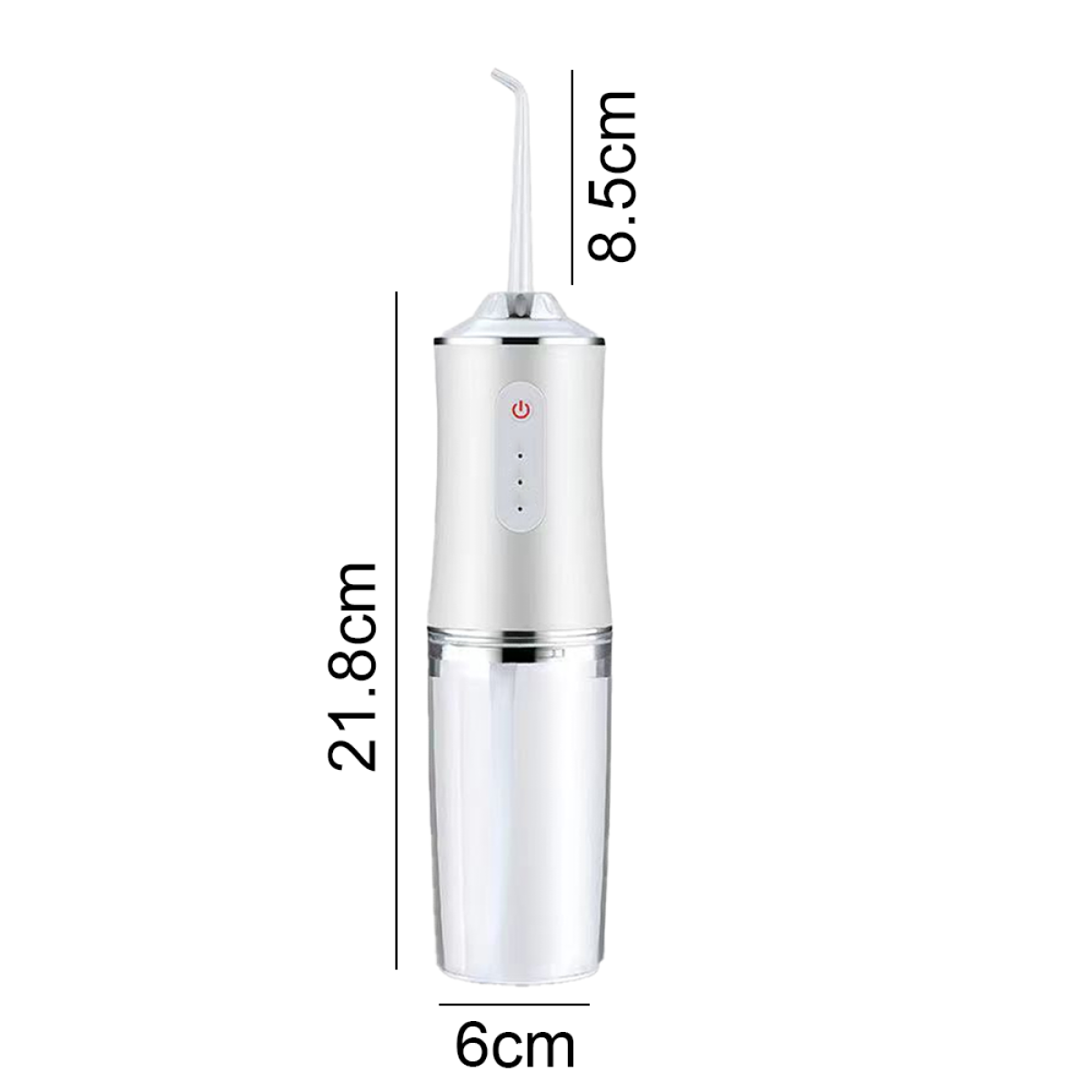 Weißer Zahnwasser-Flosser mit Abmessungen: 21,8 cm Höhe, 6 cm Breite, der Flosser ist 8,5 cm.