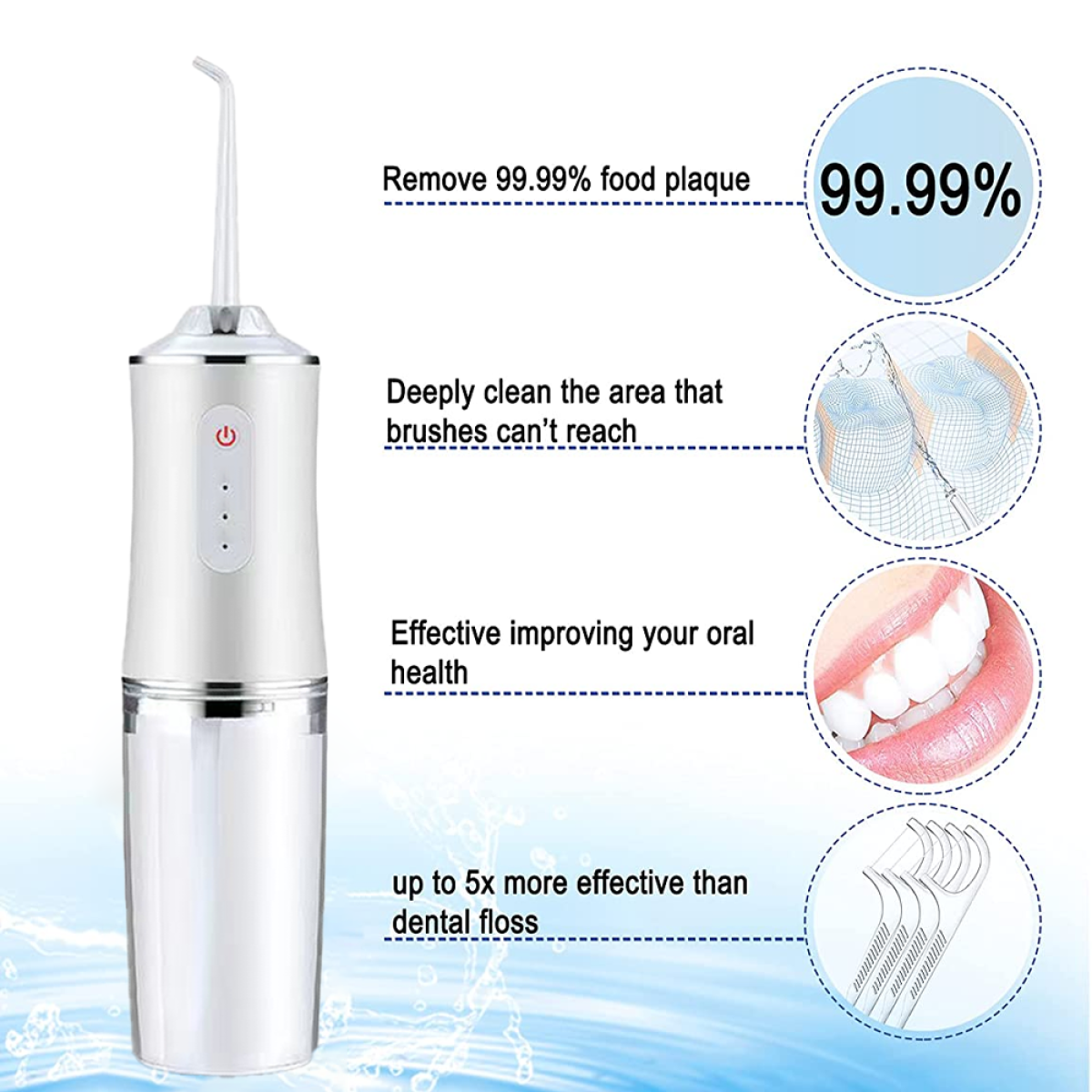 Elektrischer Wasserflosser mit Text über Reinigung und Mundgesundheit.