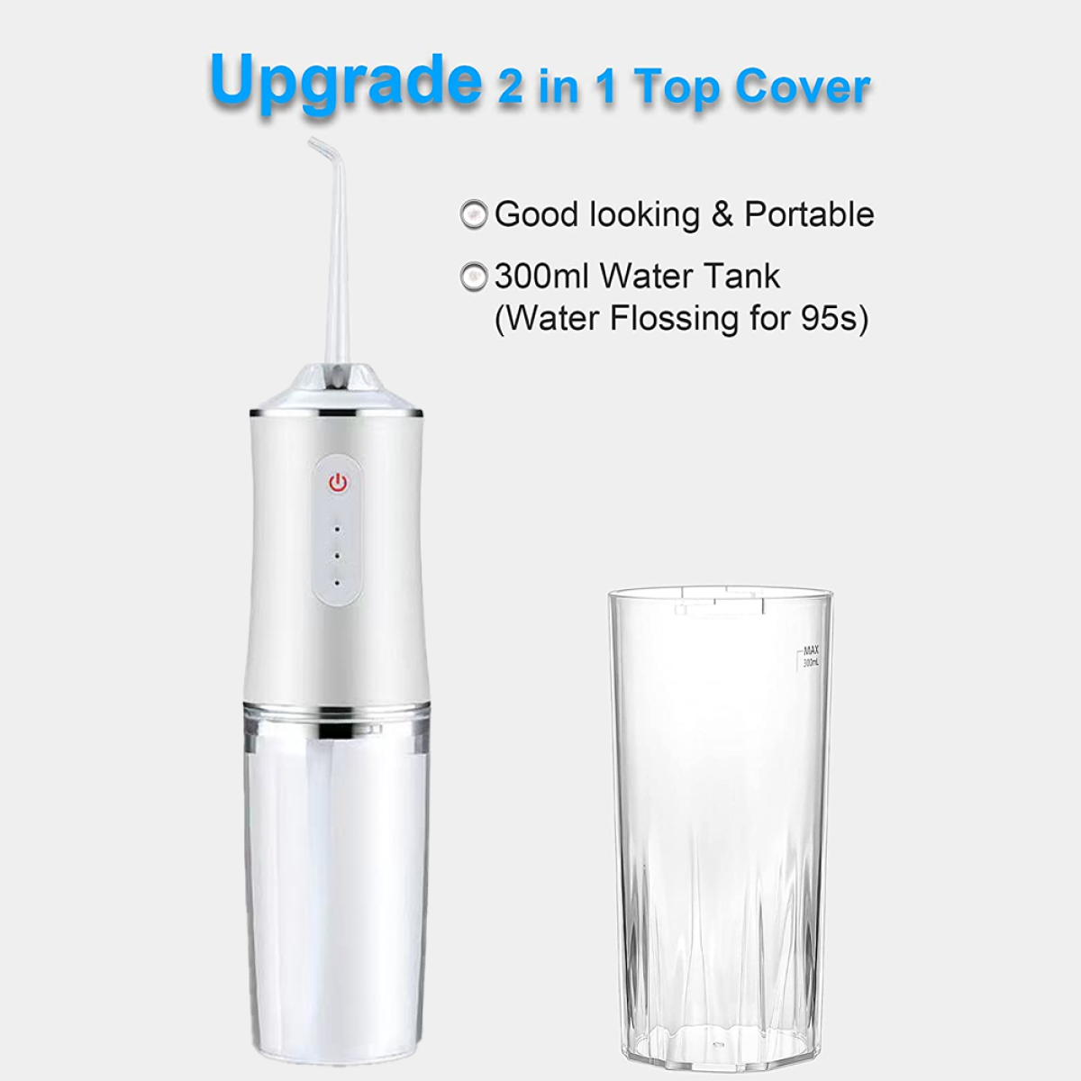 Ein weißer Wasserflosser und ein klares Glas auf hellem Hintergrund, mit Text über seine Eigenschaften.